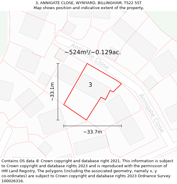 3, ANNIGATE CLOSE, WYNYARD, BILLINGHAM, TS22 5ST: Plot and title map