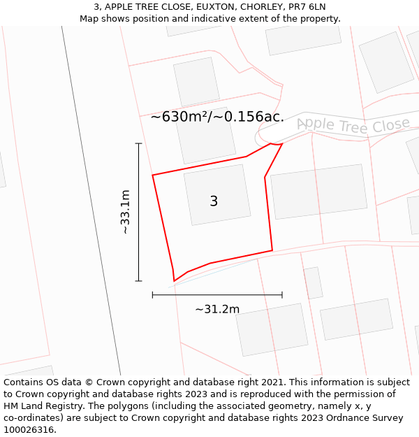 3, APPLE TREE CLOSE, EUXTON, CHORLEY, PR7 6LN: Plot and title map