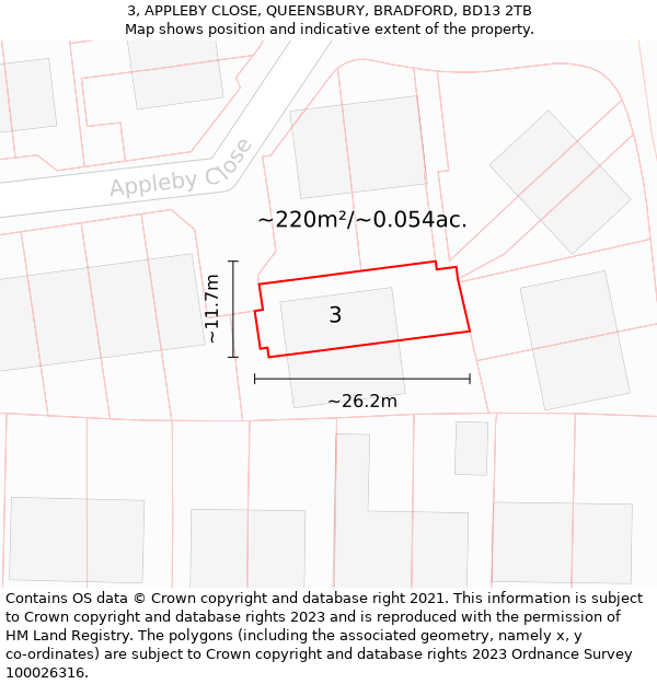 3, APPLEBY CLOSE, QUEENSBURY, BRADFORD, BD13 2TB: Plot and title map