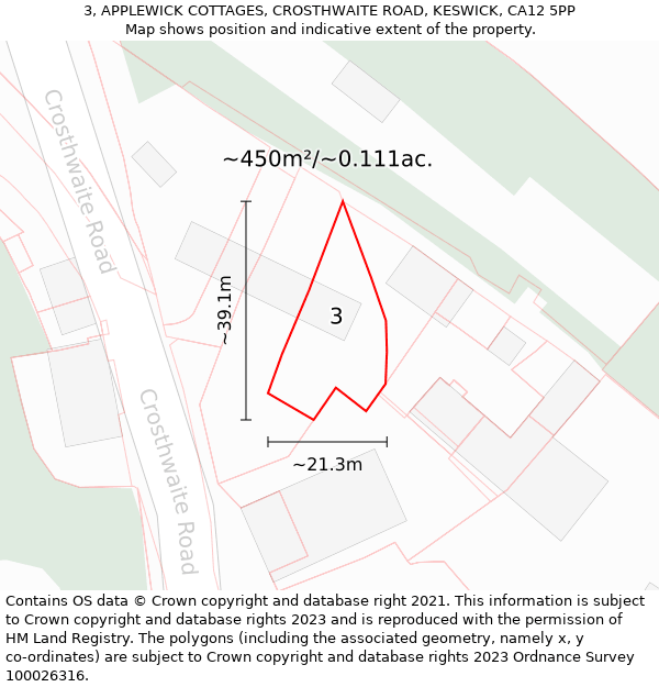 3, APPLEWICK COTTAGES, CROSTHWAITE ROAD, KESWICK, CA12 5PP: Plot and title map