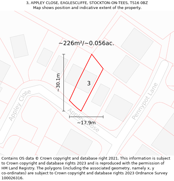 3, APPLEY CLOSE, EAGLESCLIFFE, STOCKTON-ON-TEES, TS16 0BZ: Plot and title map