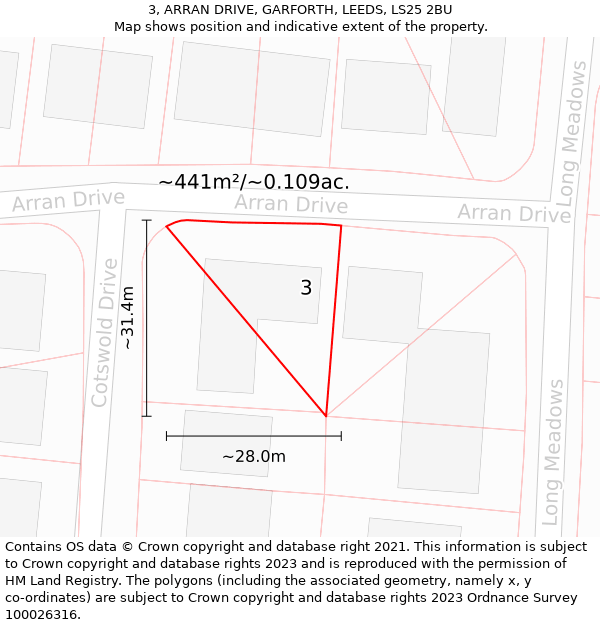 3, ARRAN DRIVE, GARFORTH, LEEDS, LS25 2BU: Plot and title map