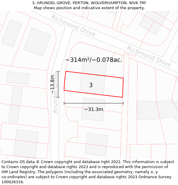 3, ARUNDEL GROVE, PERTON, WOLVERHAMPTON, WV6 7RF: Plot and title map