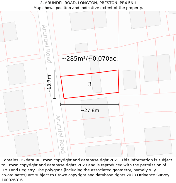 3, ARUNDEL ROAD, LONGTON, PRESTON, PR4 5NH: Plot and title map