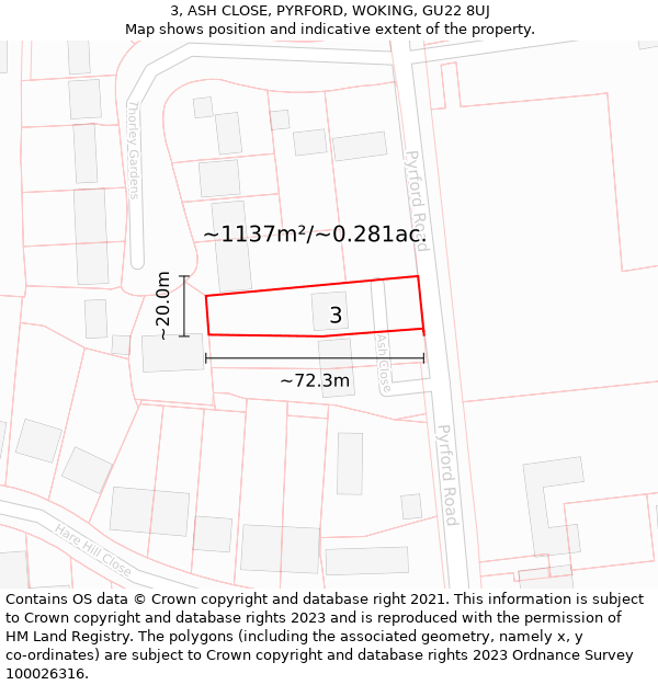 3, ASH CLOSE, PYRFORD, WOKING, GU22 8UJ: Plot and title map