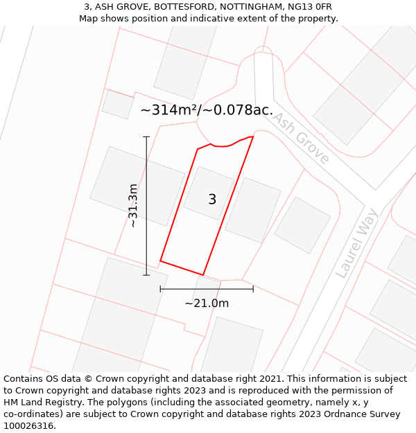 3, ASH GROVE, BOTTESFORD, NOTTINGHAM, NG13 0FR: Plot and title map