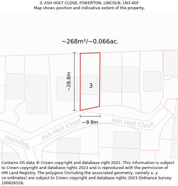 3, ASH HOLT CLOSE, FISKERTON, LINCOLN, LN3 4GF: Plot and title map