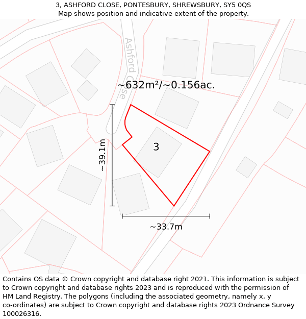 3, ASHFORD CLOSE, PONTESBURY, SHREWSBURY, SY5 0QS: Plot and title map