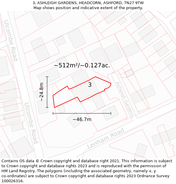 3, ASHLEIGH GARDENS, HEADCORN, ASHFORD, TN27 9TW: Plot and title map