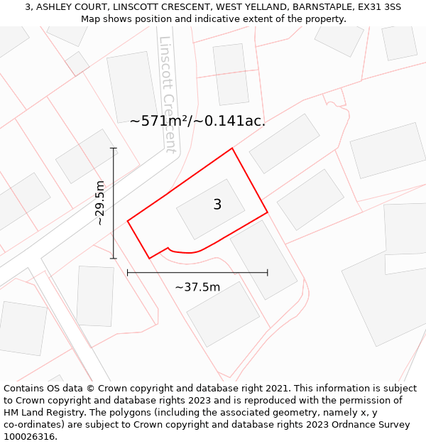 3, ASHLEY COURT, LINSCOTT CRESCENT, WEST YELLAND, BARNSTAPLE, EX31 3SS: Plot and title map