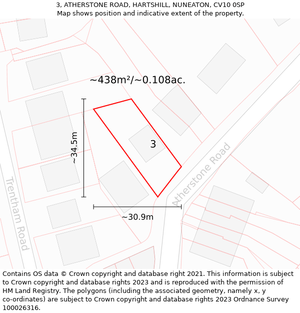 3, ATHERSTONE ROAD, HARTSHILL, NUNEATON, CV10 0SP: Plot and title map