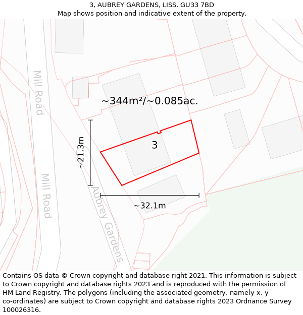 3, AUBREY GARDENS, LISS, GU33 7BD: Plot and title map