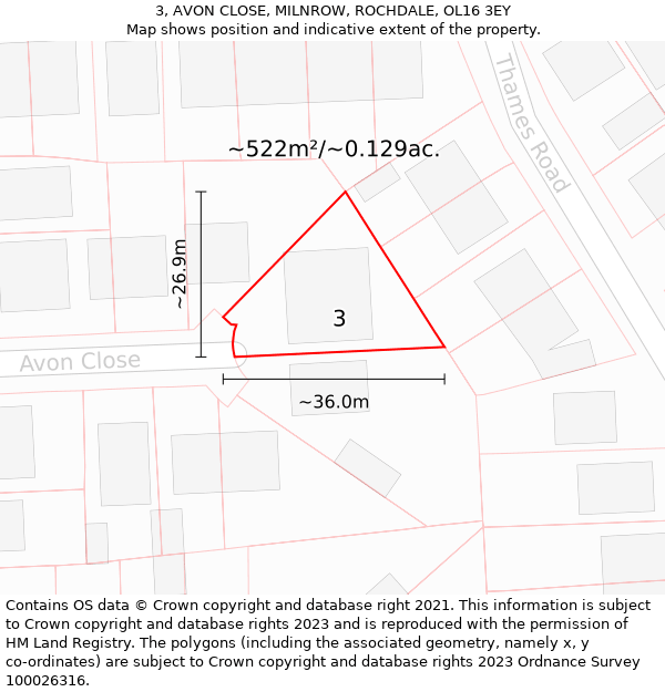 3, AVON CLOSE, MILNROW, ROCHDALE, OL16 3EY: Plot and title map