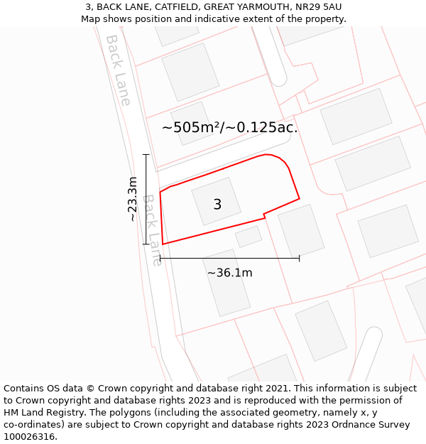 3, BACK LANE, CATFIELD, GREAT YARMOUTH, NR29 5AU: Plot and title map