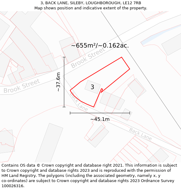 3, BACK LANE, SILEBY, LOUGHBOROUGH, LE12 7RB: Plot and title map