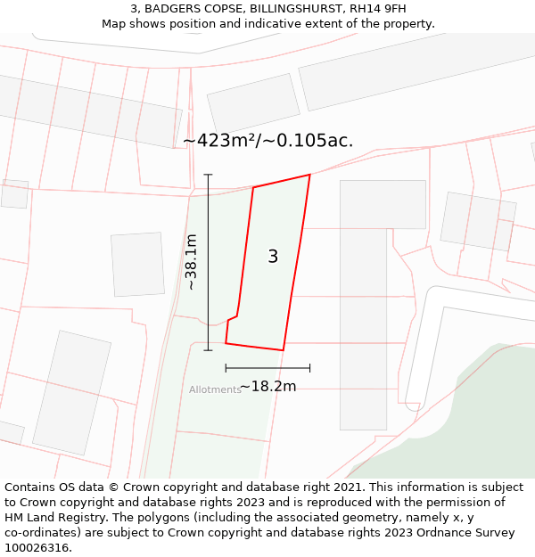3, BADGERS COPSE, BILLINGSHURST, RH14 9FH: Plot and title map