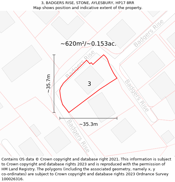 3, BADGERS RISE, STONE, AYLESBURY, HP17 8RR: Plot and title map