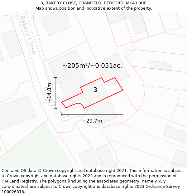 3, BAKERY CLOSE, CRANFIELD, BEDFORD, MK43 0HE: Plot and title map