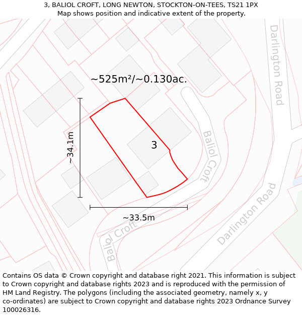 3, BALIOL CROFT, LONG NEWTON, STOCKTON-ON-TEES, TS21 1PX: Plot and title map