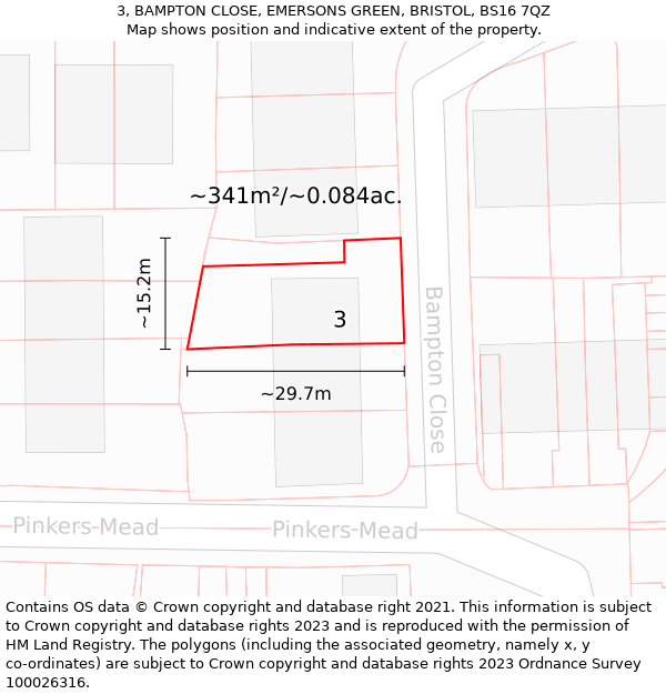 3, BAMPTON CLOSE, EMERSONS GREEN, BRISTOL, BS16 7QZ: Plot and title map