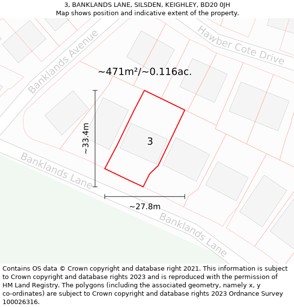 3, BANKLANDS LANE, SILSDEN, KEIGHLEY, BD20 0JH: Plot and title map