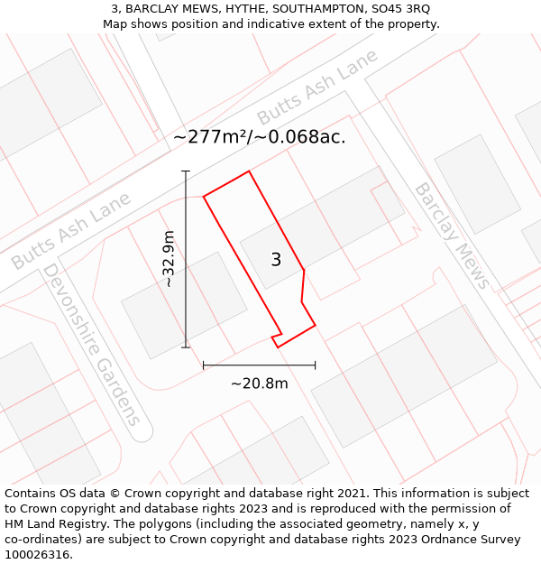 3, BARCLAY MEWS, HYTHE, SOUTHAMPTON, SO45 3RQ: Plot and title map