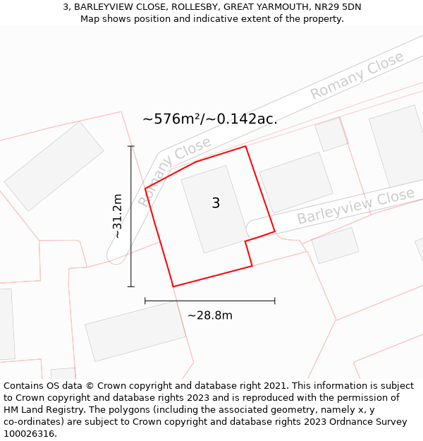 3, BARLEYVIEW CLOSE, ROLLESBY, GREAT YARMOUTH, NR29 5DN: Plot and title map