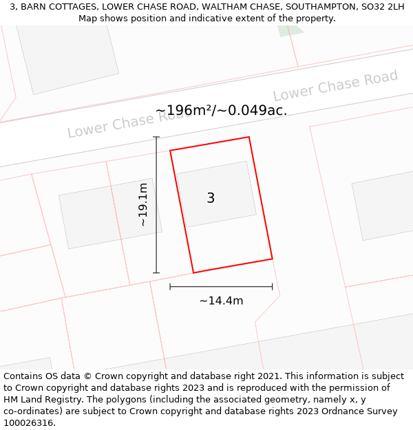 3, BARN COTTAGES, LOWER CHASE ROAD, WALTHAM CHASE, SOUTHAMPTON, SO32 2LH: Plot and title map