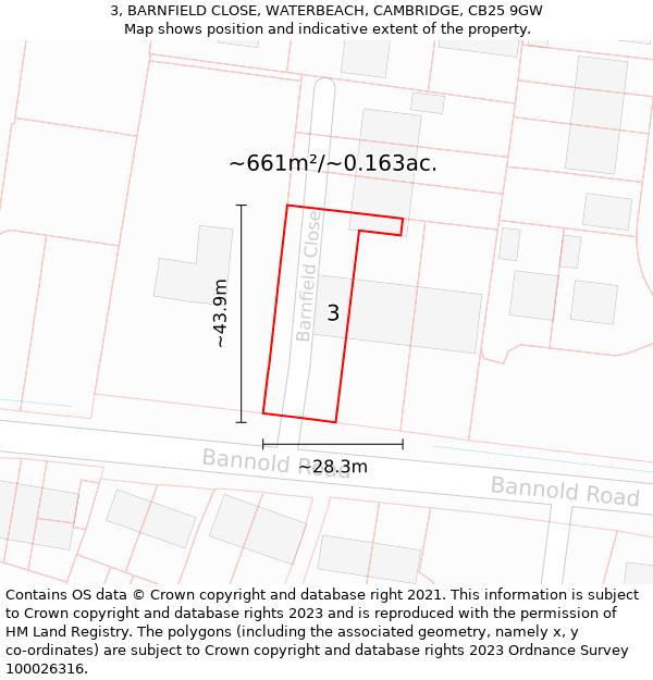 3, BARNFIELD CLOSE, WATERBEACH, CAMBRIDGE, CB25 9GW: Plot and title map