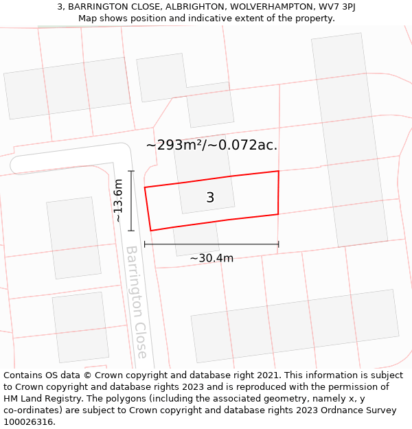 3, BARRINGTON CLOSE, ALBRIGHTON, WOLVERHAMPTON, WV7 3PJ: Plot and title map