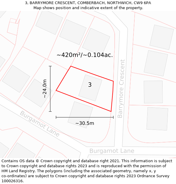 3, BARRYMORE CRESCENT, COMBERBACH, NORTHWICH, CW9 6PA: Plot and title map