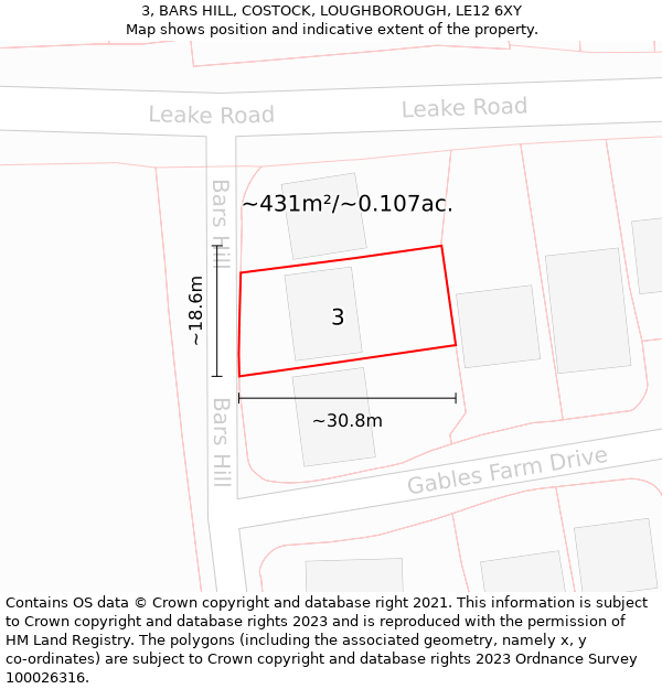 3, BARS HILL, COSTOCK, LOUGHBOROUGH, LE12 6XY: Plot and title map