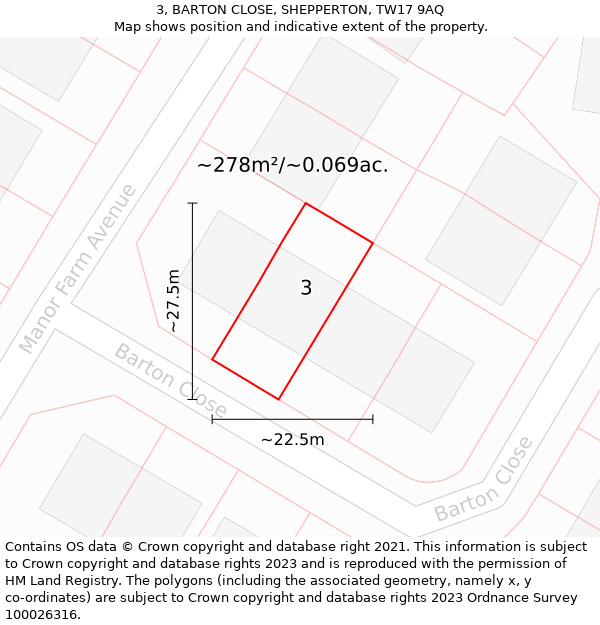 3, BARTON CLOSE, SHEPPERTON, TW17 9AQ: Plot and title map