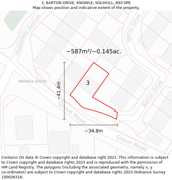 3, BARTON DRIVE, KNOWLE, SOLIHULL, B93 0PE: Plot and title map