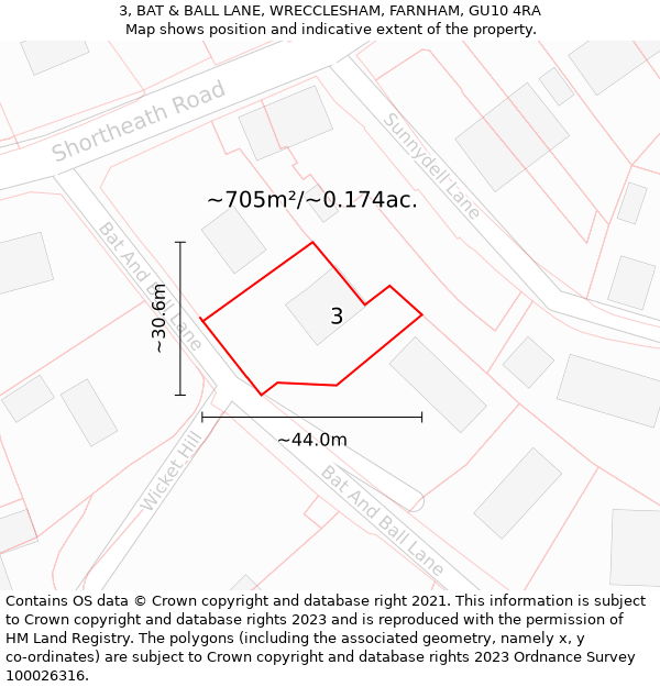 3, BAT & BALL LANE, WRECCLESHAM, FARNHAM, GU10 4RA: Plot and title map