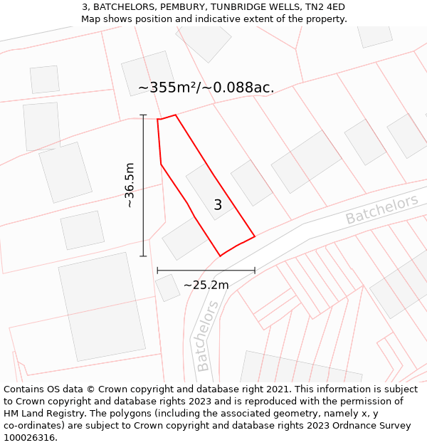 3, BATCHELORS, PEMBURY, TUNBRIDGE WELLS, TN2 4ED: Plot and title map