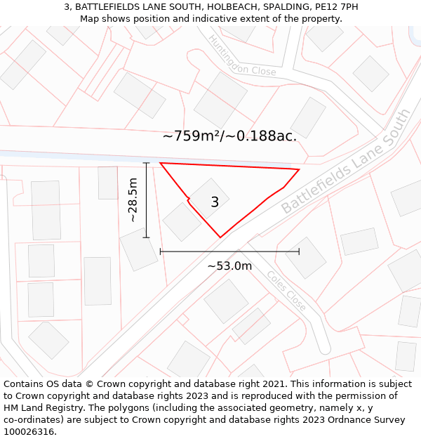 3, BATTLEFIELDS LANE SOUTH, HOLBEACH, SPALDING, PE12 7PH: Plot and title map