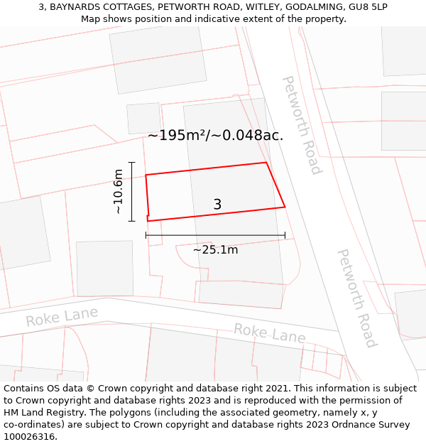 3, BAYNARDS COTTAGES, PETWORTH ROAD, WITLEY, GODALMING, GU8 5LP: Plot and title map