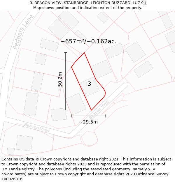 3, BEACON VIEW, STANBRIDGE, LEIGHTON BUZZARD, LU7 9JJ: Plot and title map