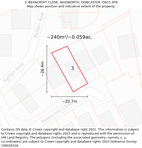 3, BEANCROFT CLOSE, WADWORTH, DONCASTER, DN11 9TB: Plot and title map