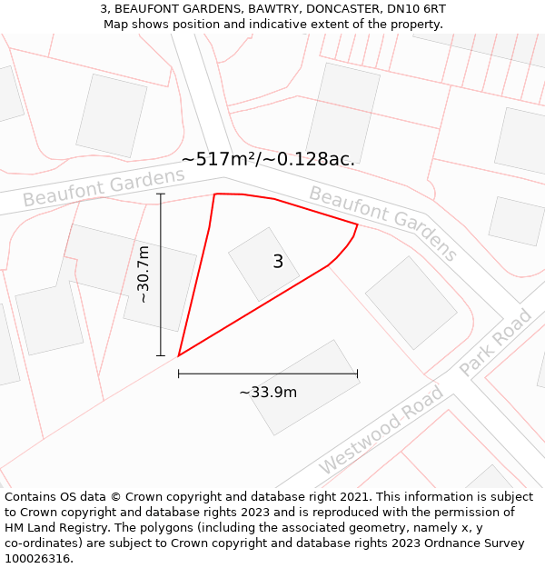 3, BEAUFONT GARDENS, BAWTRY, DONCASTER, DN10 6RT: Plot and title map