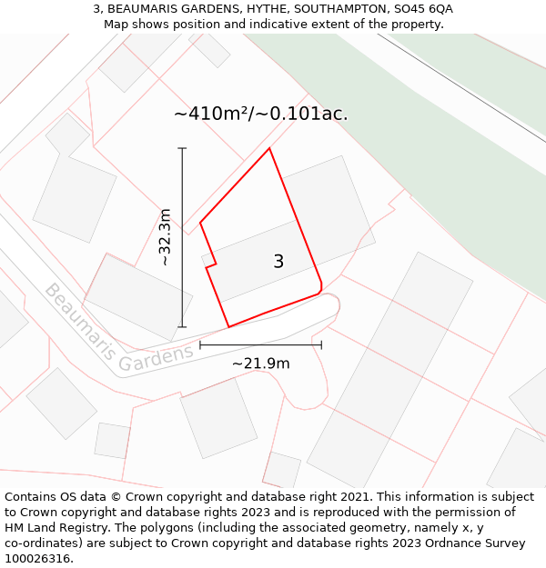 3, BEAUMARIS GARDENS, HYTHE, SOUTHAMPTON, SO45 6QA: Plot and title map