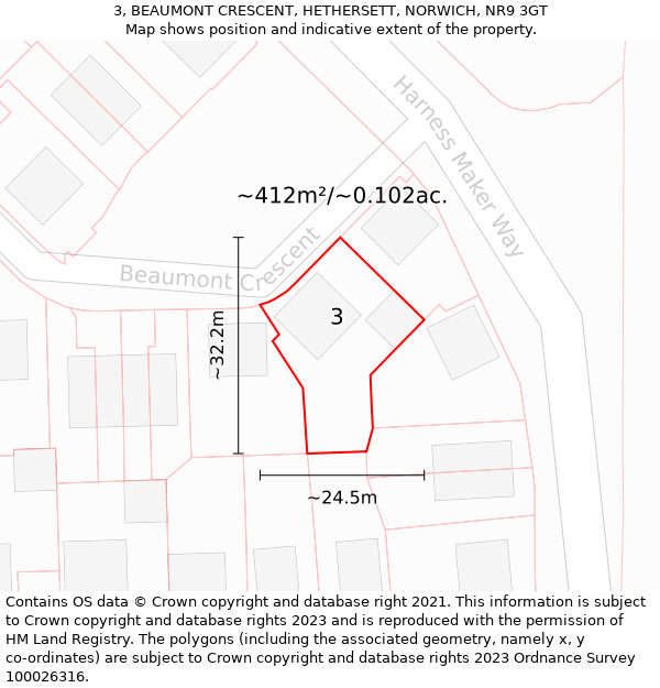 3, BEAUMONT CRESCENT, HETHERSETT, NORWICH, NR9 3GT: Plot and title map