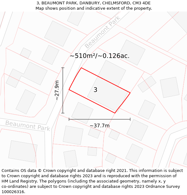 3, BEAUMONT PARK, DANBURY, CHELMSFORD, CM3 4DE: Plot and title map