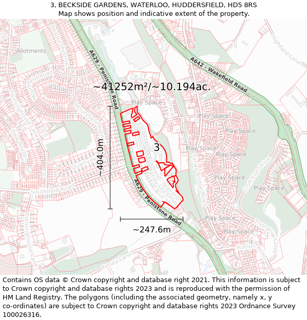 3, BECKSIDE GARDENS, WATERLOO, HUDDERSFIELD, HD5 8RS: Plot and title map