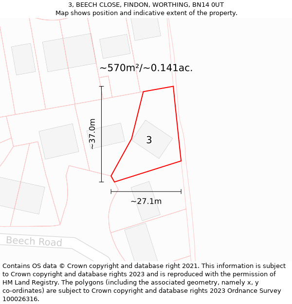 3, BEECH CLOSE, FINDON, WORTHING, BN14 0UT: Plot and title map