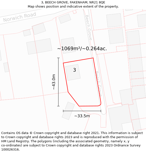 3, BEECH GROVE, FAKENHAM, NR21 8QE: Plot and title map