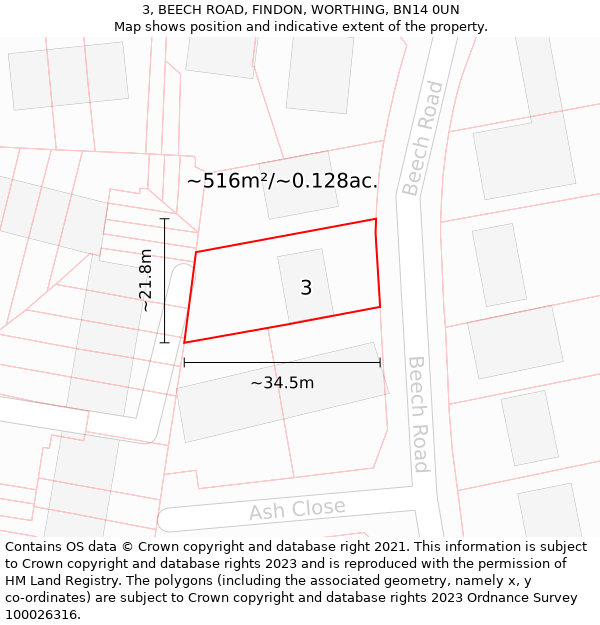 3, BEECH ROAD, FINDON, WORTHING, BN14 0UN: Plot and title map