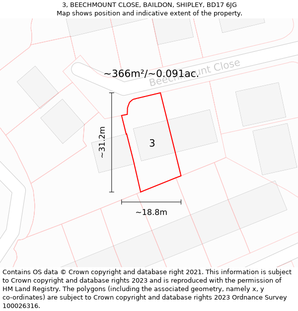 3, BEECHMOUNT CLOSE, BAILDON, SHIPLEY, BD17 6JG: Plot and title map