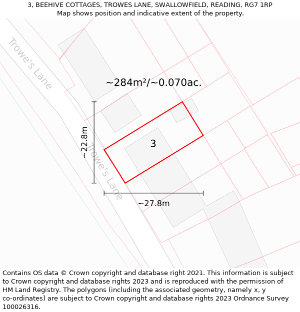 3, BEEHIVE COTTAGES, TROWES LANE, SWALLOWFIELD, READING, RG7 1RP: Plot and title map